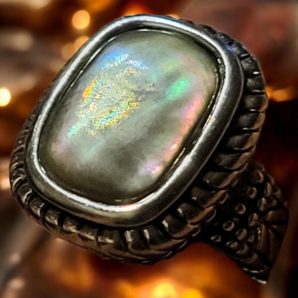 Vtg Iridescent Rectangular Opaque Gem Silver Ring… - image 2